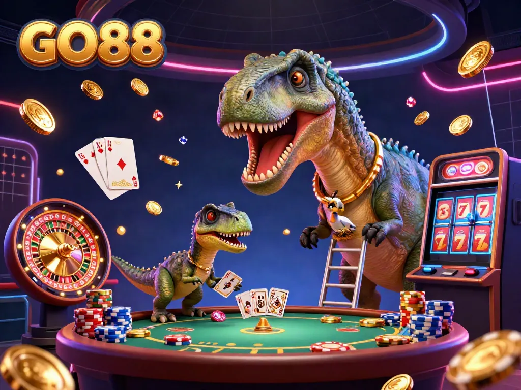 Experience GO88's thrilling gaming atmosphere with a giant dinosaur overseeing a vibrant casino scene.