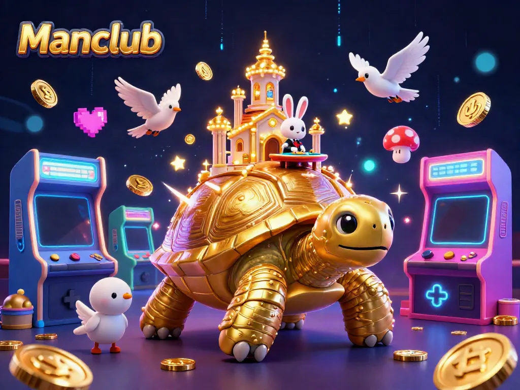Experience thrilling casino games with Manclub as golden coins rain from a fantastic tortoise casino.