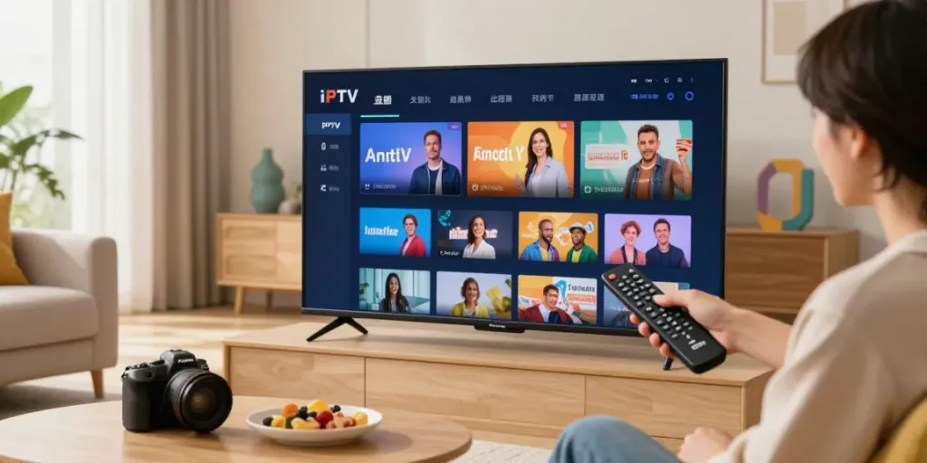 Testing IPTV channels in a cozy living room environment, showcasing the user experience.