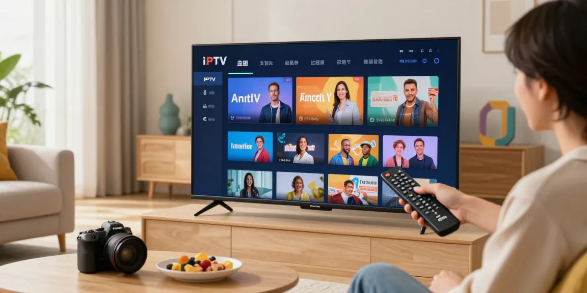 Testing IPTV channels in a cozy living room environment, showcasing the user experience.