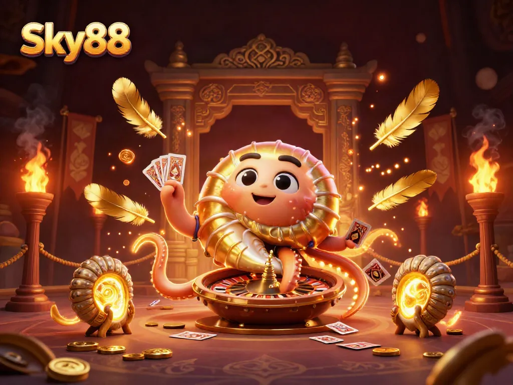 Experience thrilling action at Sky88 with a vibrant 3D nautilus roulette wheel, glowing ammonite companions, and dynamic casino elements.