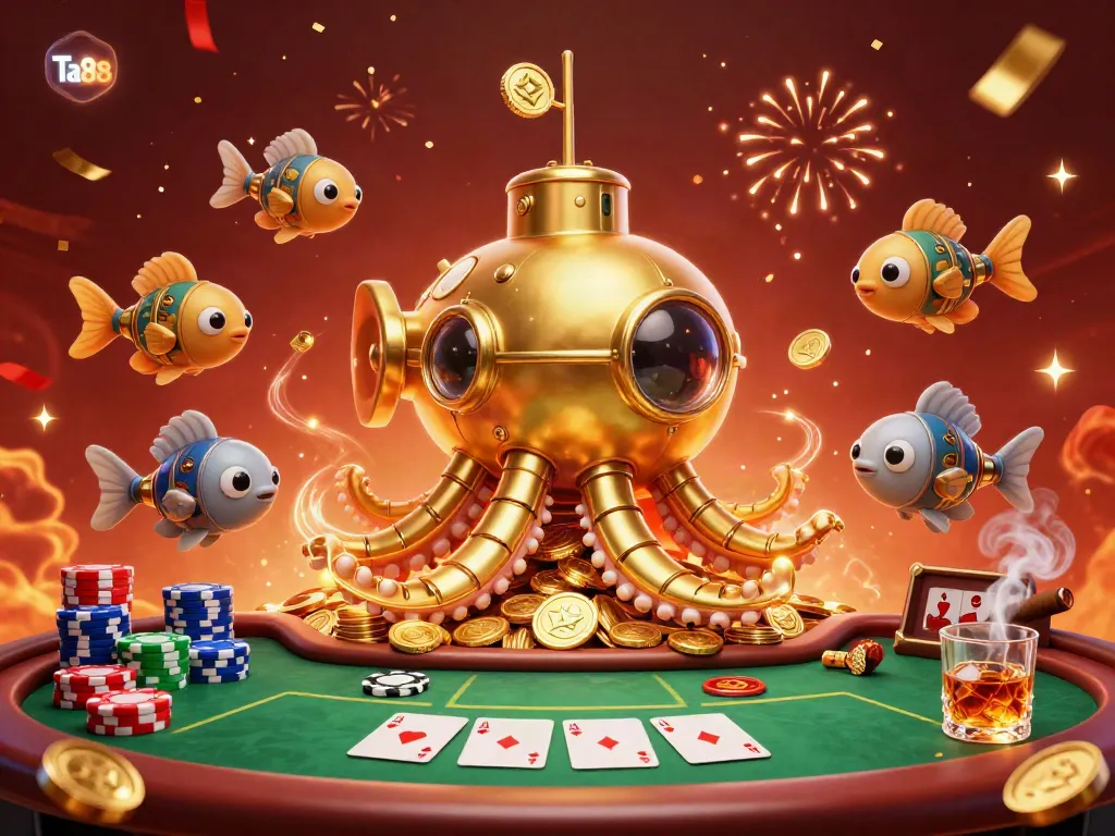 Engage with Ta88's thrilling casino atmosphere featuring a golden kraken and mechanical fish amidst poker excitement.