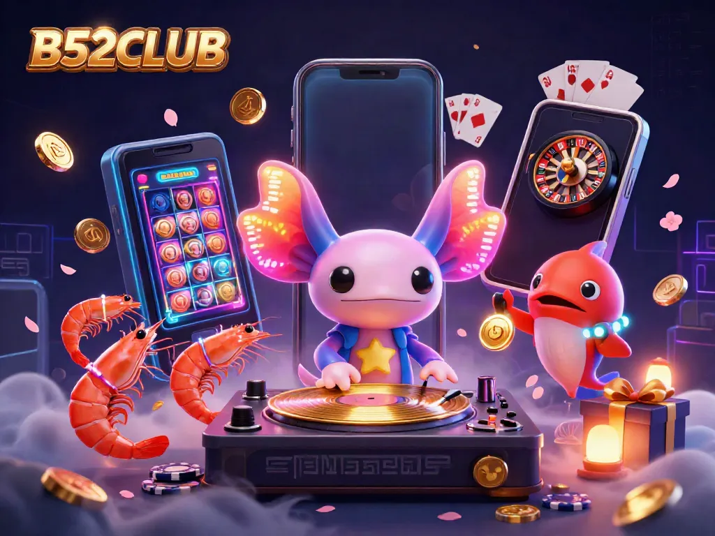 Spin and win with B52CLUB's neon-themed vibrant underwater casino illustration!