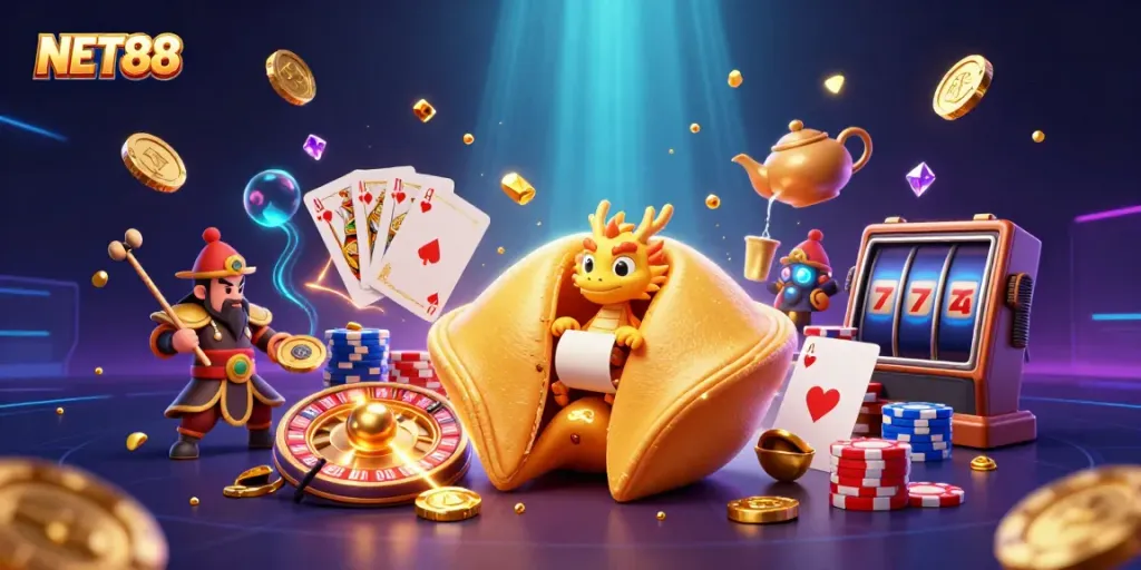 Experience thrilling wins at NET88 with a dynamic scene of a fortune cookie, wise dragon, and casino elements.