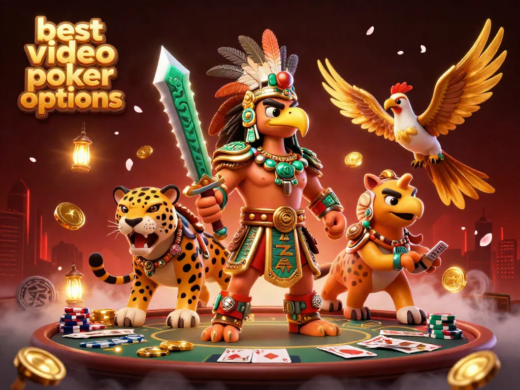 Engage in the best video poker options with an Aztec warrior and vibrant casino elements.